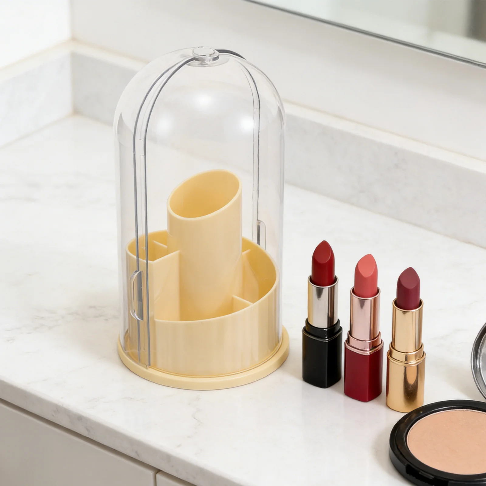 

Makeup Brush Holder Organizer Yellow Rotating Covered Spinning Tool Storage Box Dust Proof Brush Makeup Organizer