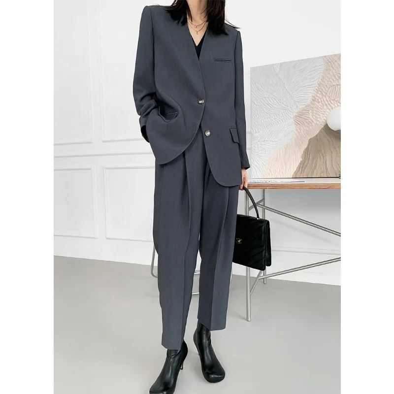 Autumn and Winter Women\'s Pant Suits Fashion Simple Commuter V-neck Single-breasted Loose Blazer Jacket Harlan Trousers Set