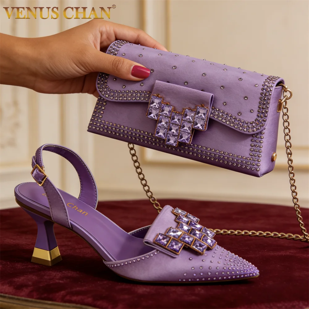 

Taro Purple Color Shoes and Bag Elegant Handbags and Medium Heel Shoes Beautiful Handmade Flowers For Wedding Party