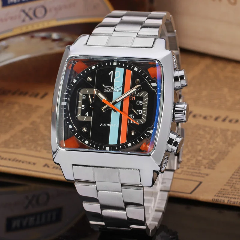 JARAGAR Automatic Mechanical Men Watches Date Day Square Case Bold Color Retro Future Style Stainless Steel Band Male Wristwatch