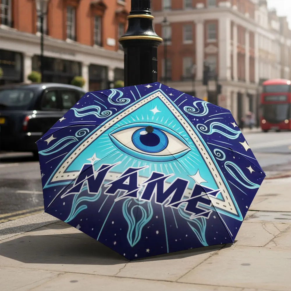 Custom Name umbrella, Mystic Eye in Pyramid Design Cosmic Symbol Art Fashion Folding Umbrella for Sunny and Rainy Days, Gift