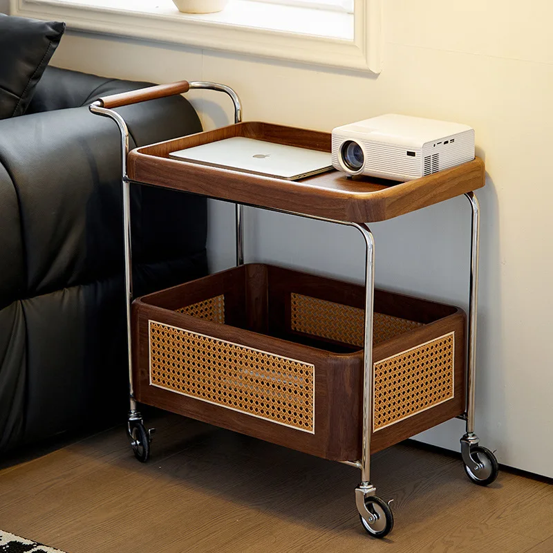 

Nordic solid wood edge few black walnut storage trolley living room sofa balcony solid wood storage rattan rack