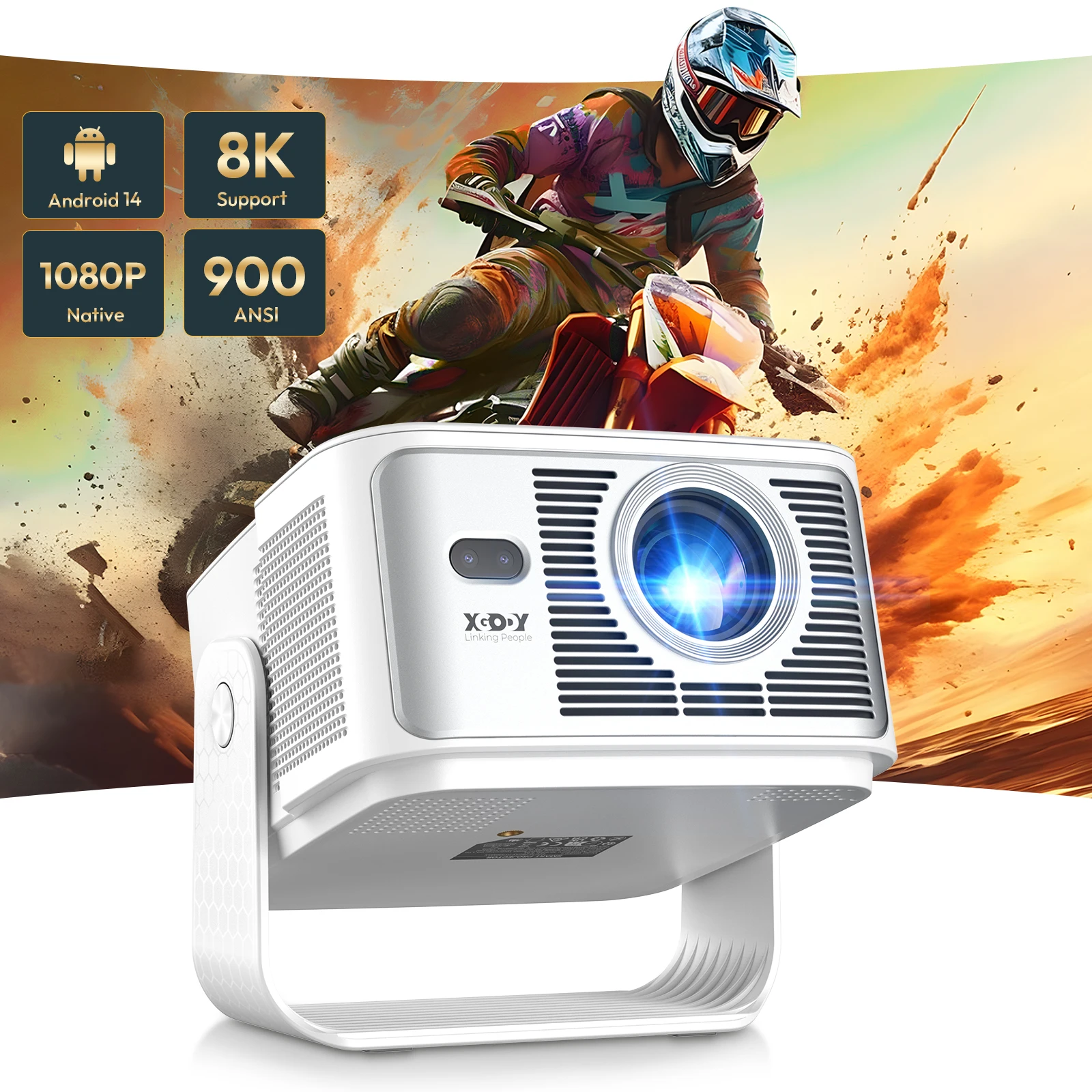 Projecteur XGODY 900ANSI 8K 2 Go + 16 Go Android 14.0 Mise au point automatique Correction de la distorsion trapézoïdale Gimbal 7 Beamer Wifi6 BT5.4 Cinéma maison Extérieur