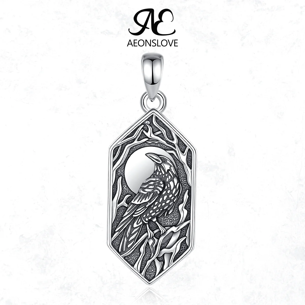 AEONSLOVE925 Sterling Silver Raven Necklace Viking Moon Crow Pendant Witch Amulet Nordic Mythological Jewelry Gift for Men Women