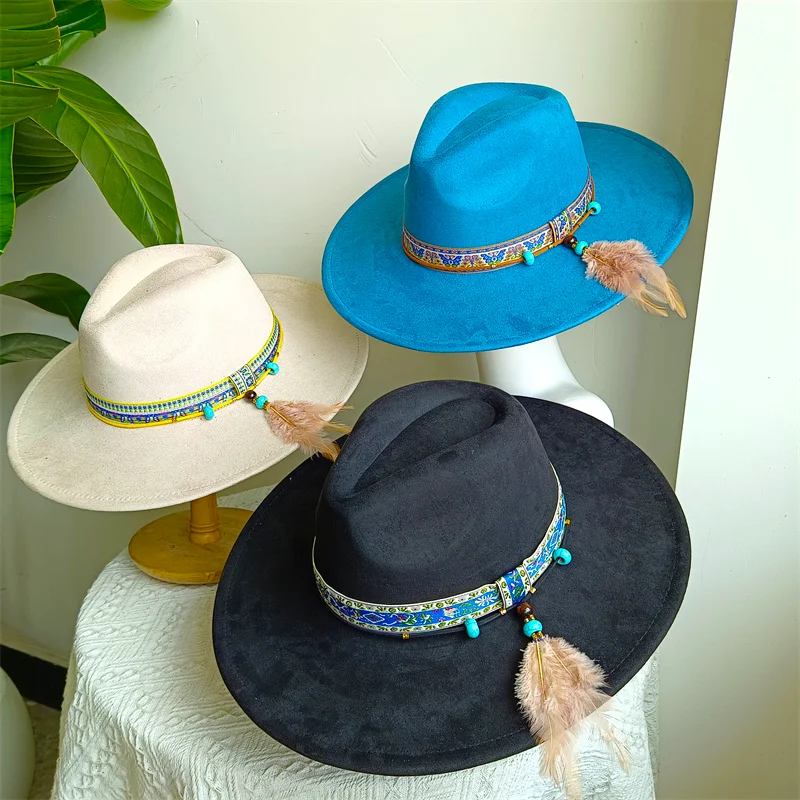 

Ethnic Suede Hat Topper 9.5cm Wide Brim Fedora Hat Men Women Autumn and Winter Felt Jazz Hat Classic Church Fedora Hat Women's