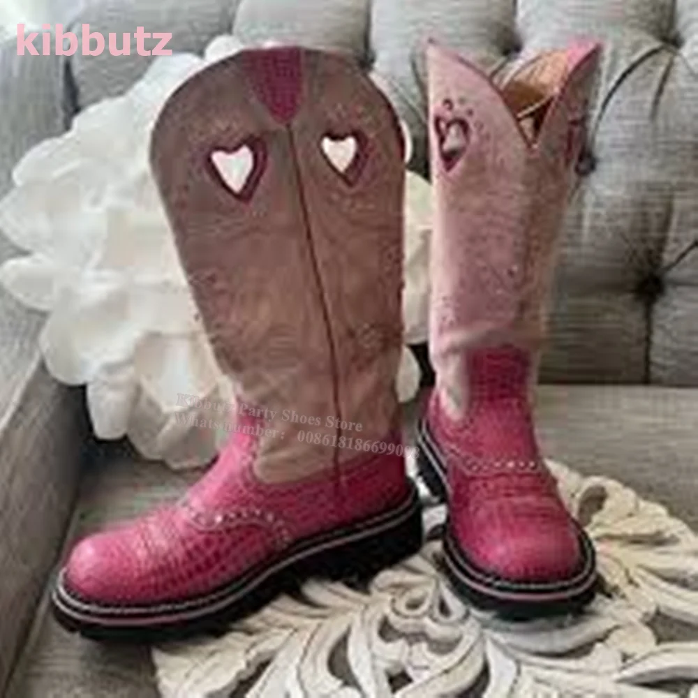 

Pink Colorblocking Embroidery Boots Knee High Western Cowboy Round Toe Flat With Slip-On Vintage Fashion Sexy Women Shoes Newest