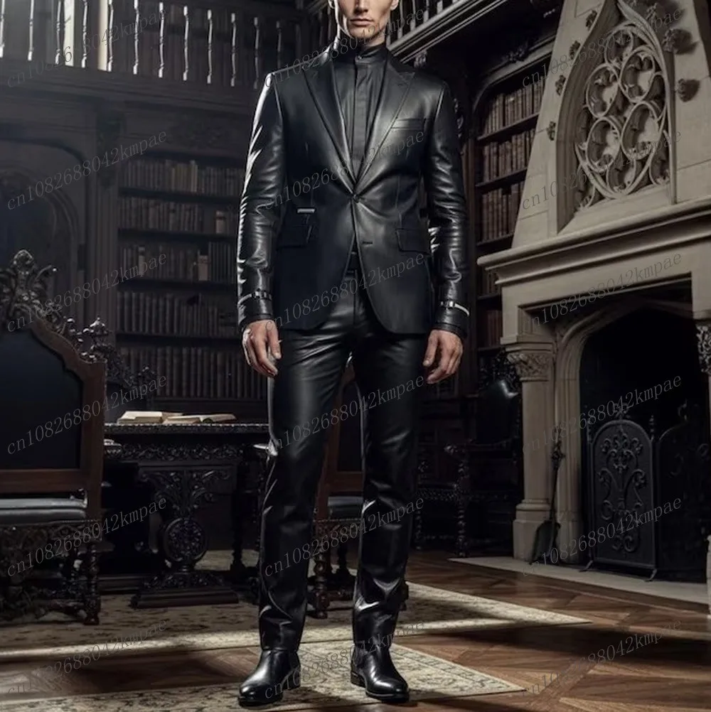 

New Black Men Suit Leather Formal Groom Groomsman Wedding Party Prom Male Business Tuxedos 2 Piece Set Blazer Pants