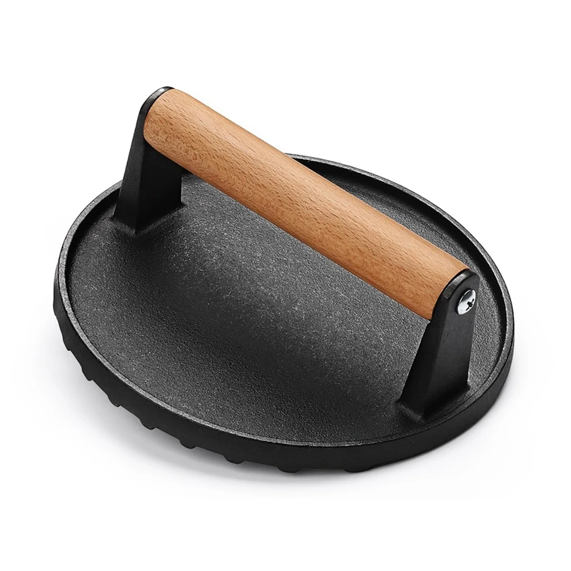 

Burger Press 7Inch Round Cast Iron Smash Bacon Press Meat Steak With Wood Handle For Sandwich, Nonstick Pan