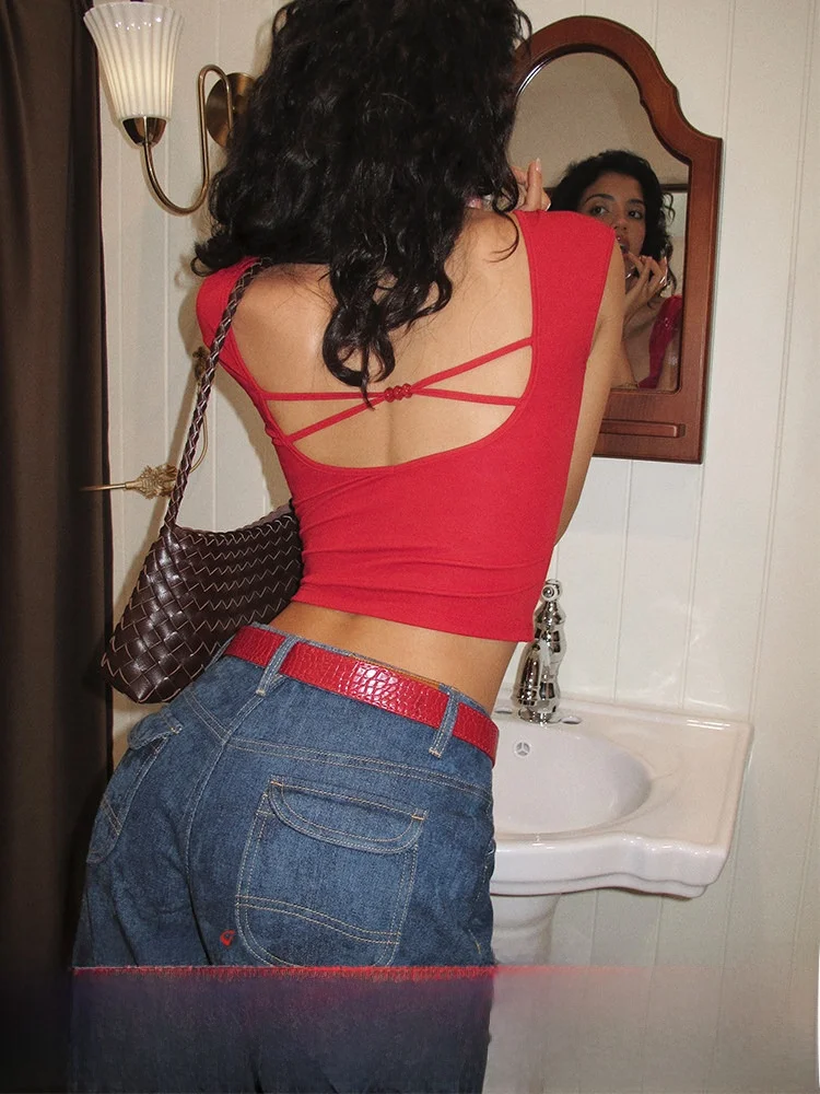 

Itsnikar Lacey Red Square Collar Knitted ort Sve T-irt Women Summer Sexy Bal Slimming ort Top Casual Sle