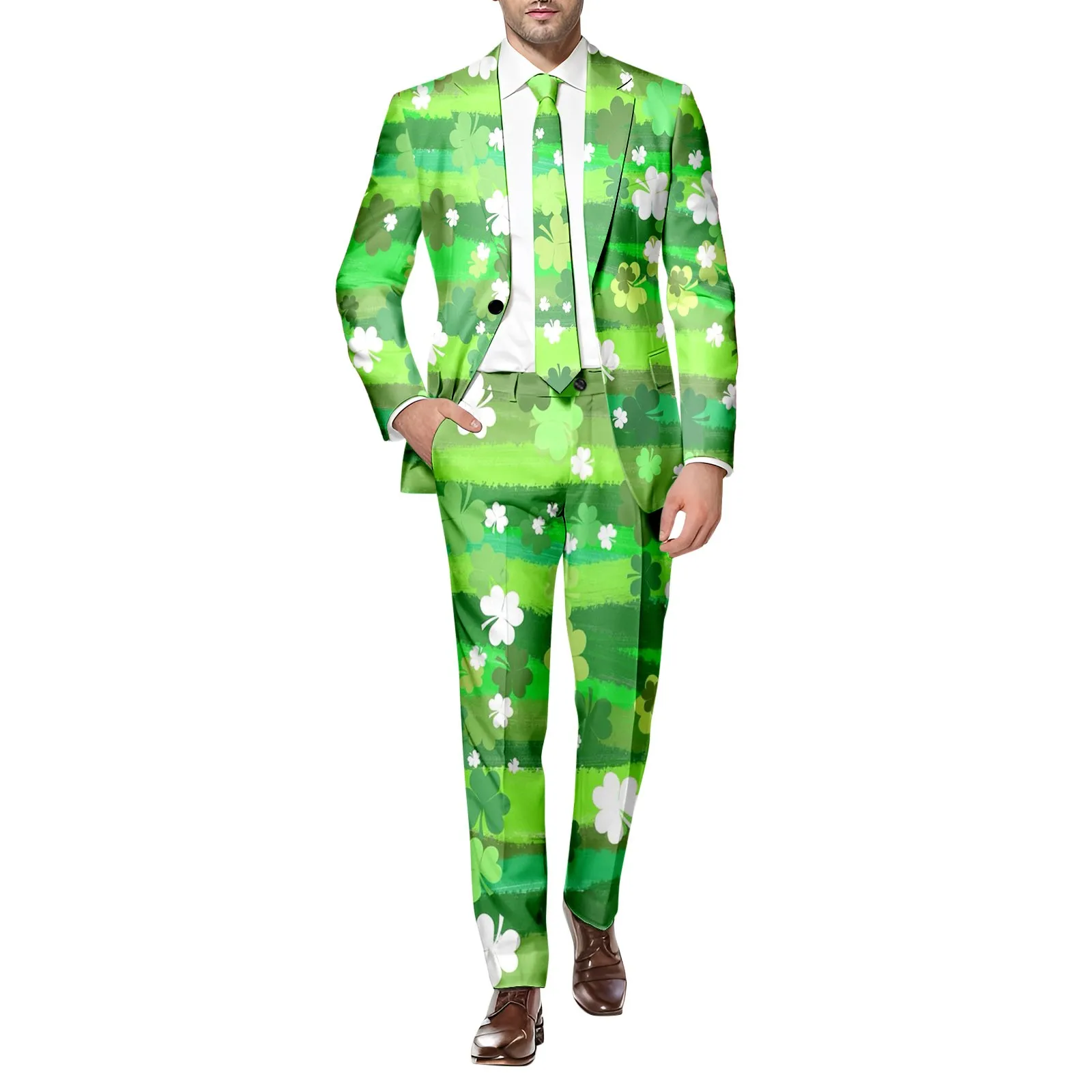 Mens Stage Prom Suits Jacket Pants Men Dance Festival 3.17 Happy St. Patrick’s Day Green Tee Print Party Costume Blazers Suits