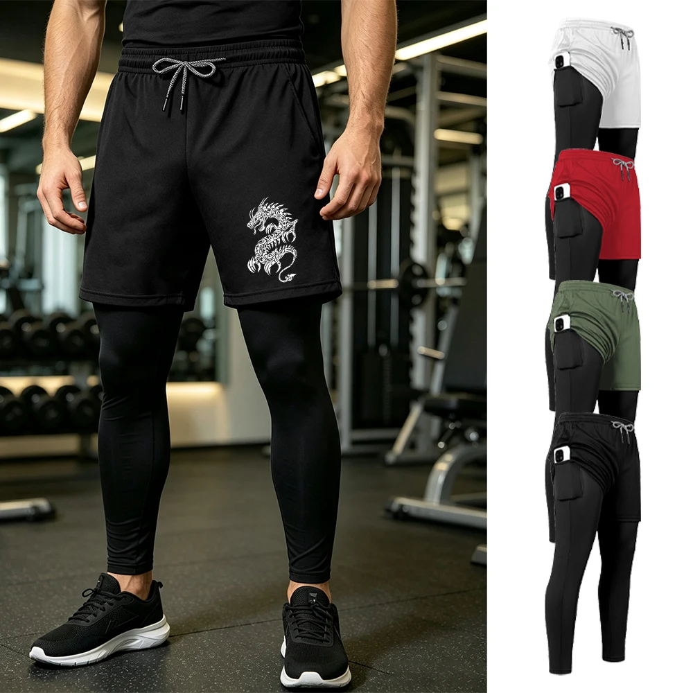 Men's Retro Dragon Print 2 In 1 Quick Dry Sports Trousers Suitable For Daily Basketball Training And Fitness With Towel Loop