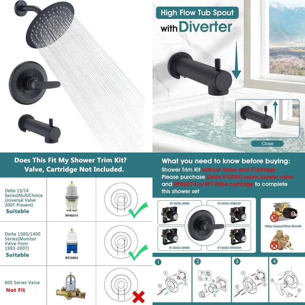 

High-Pressure Round Rain Shower Trim Kit for Tub Shower Faucet Set, Replacement Showerhead with 8-Inch Diameter, Pressure-Enhanc