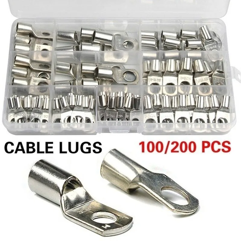 200/100/90/60 PCS SC Cable Lugs Tinned Copper Lug Ring Wire Connectors Bare Cable Terminals 10 Sizes Copper Electrical Insert