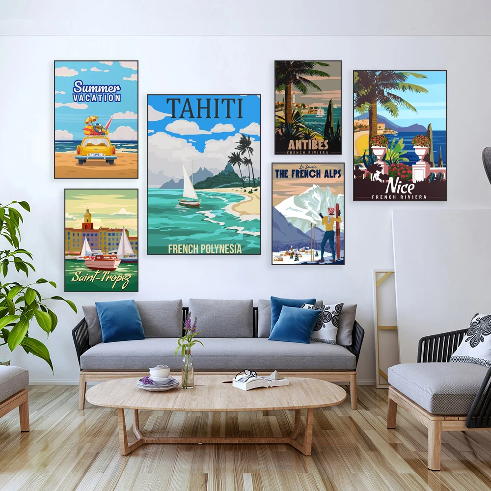 Travel posters of Normandy, France, Etretat coast, Brittany, Saint Tropez, Alps, Florida lighthouse, Tahiti, Mediterranean coast
