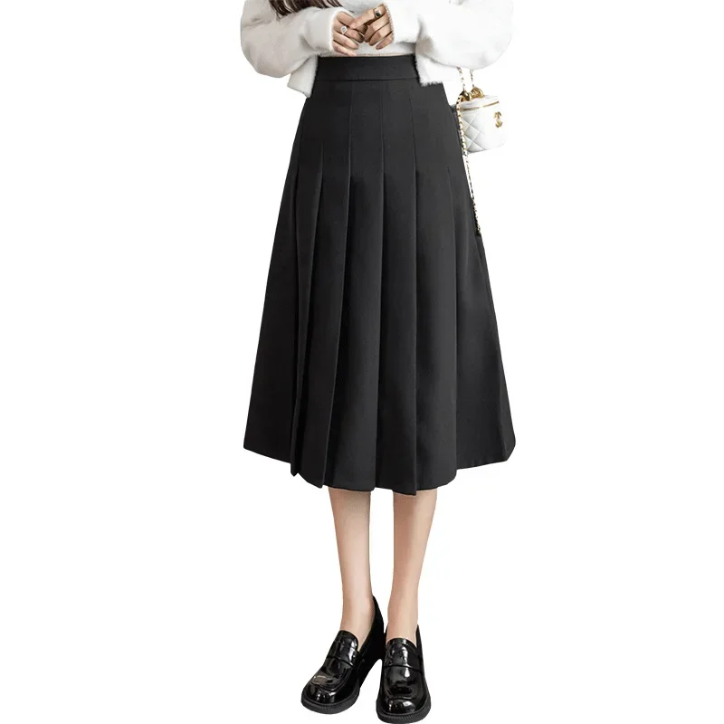 Mid -long Skirt Female Retro Khaki Black Autumn and Winter New Temperament Loose High Waist French A -line Pleated Skirt