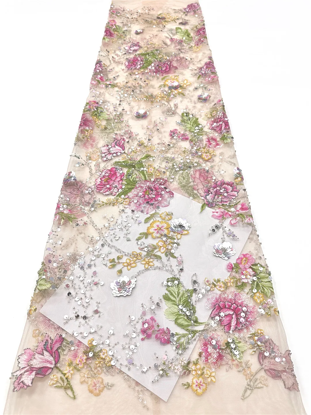 African 3D Flower Lace Fabric with Sequins And Beads High-Quality Embroidery Mesh for Women's Wedding And Party 5 Yards