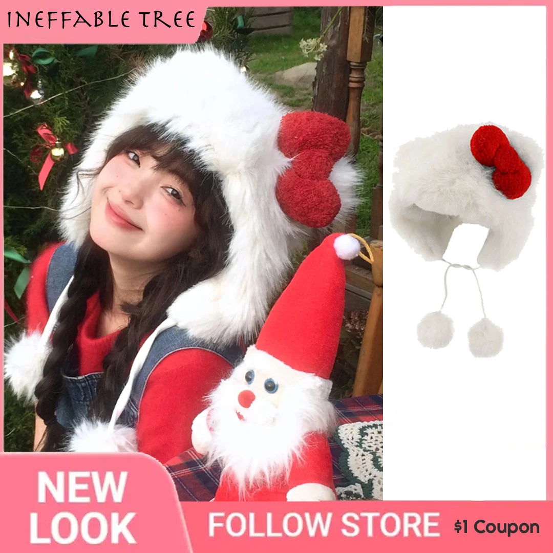 

INS Sweet Bow Ear Plush Bomber Cap Winter Women Keep Warm Windproof Ear Protection Cute Pom-pom Caps Sombreros De Mujer