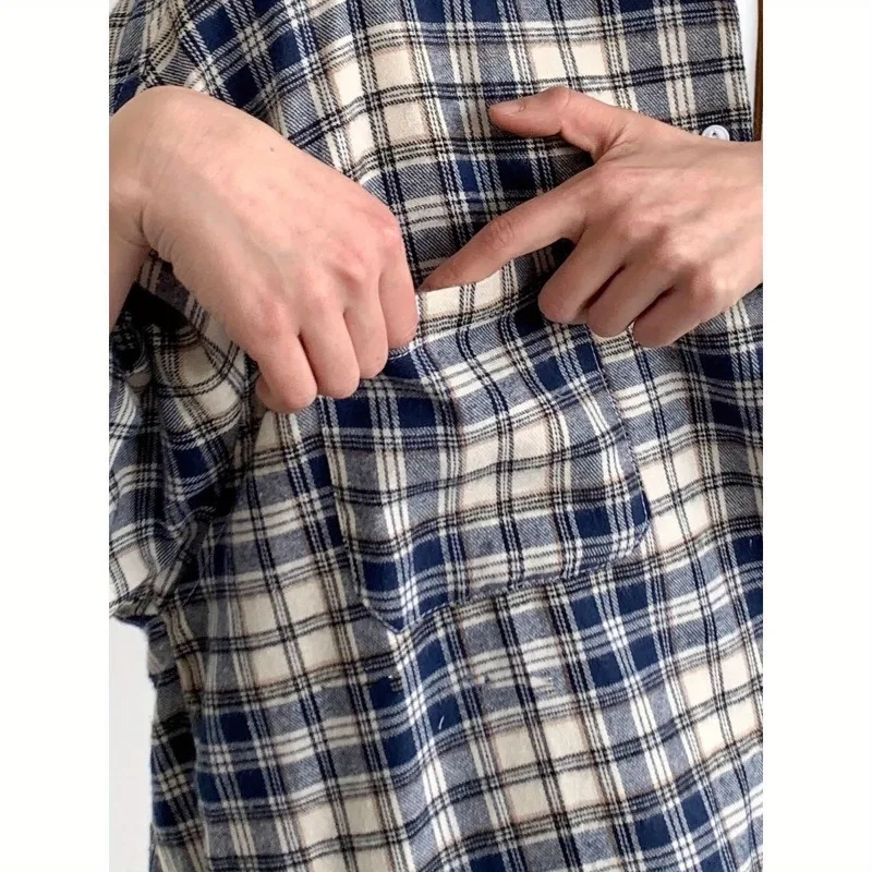Japanese Youth Style Men Women Plaid Patch Pocket Short Sleeve Shirt Denim Capri Shorts Casual Outfit Set - view 5
