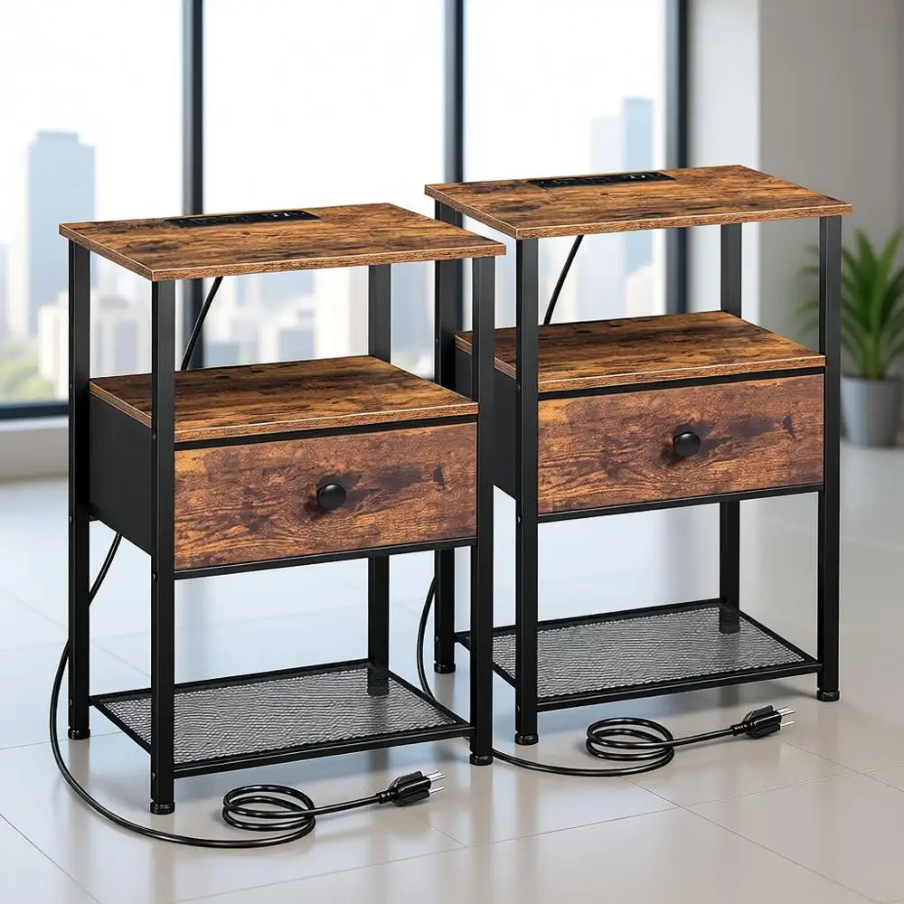 Rustic Brown Charging Nightstand, Storage End Table for Small Spaces, Fabric Drawer Side Table for Bedroom Living Room HETS010PB
