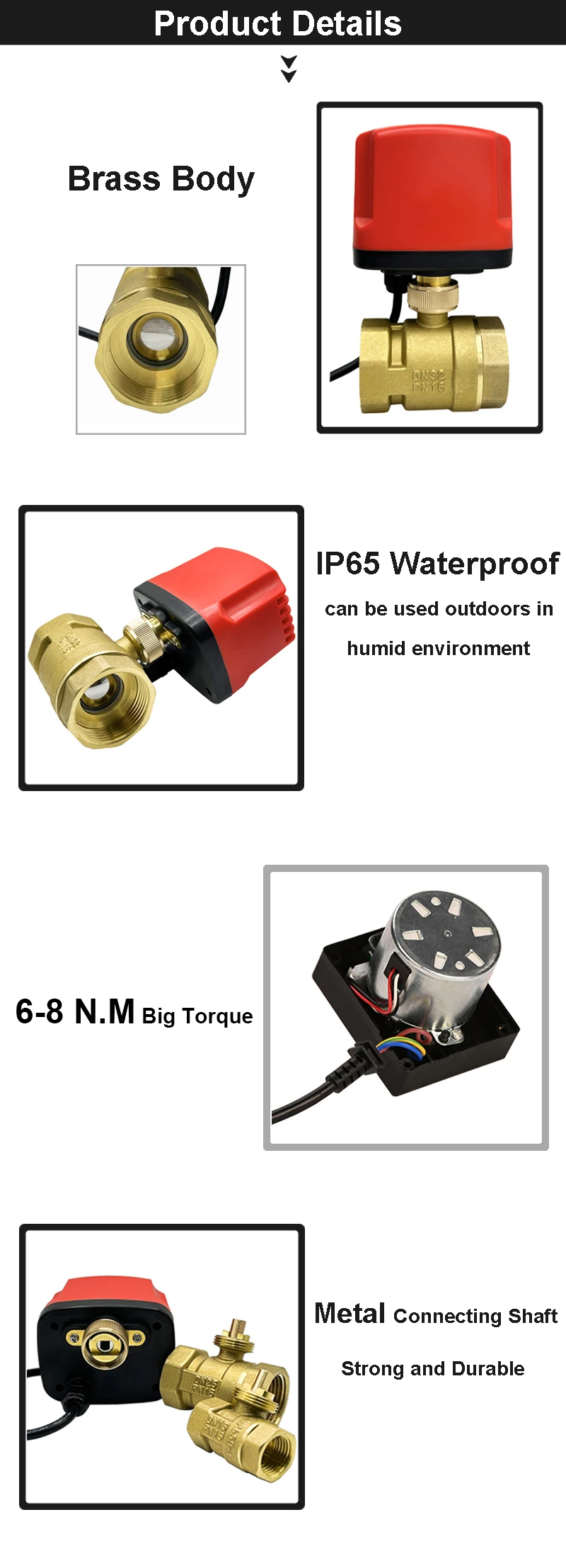 DN15-DN50 Motorisierter Kugelhahn 2-Draht/3-Draht Wasserdicht IP65 2-Wege/3-Wege Elektrische Wasserventile Innengewinde 12V 24V 220V – Detail 10
