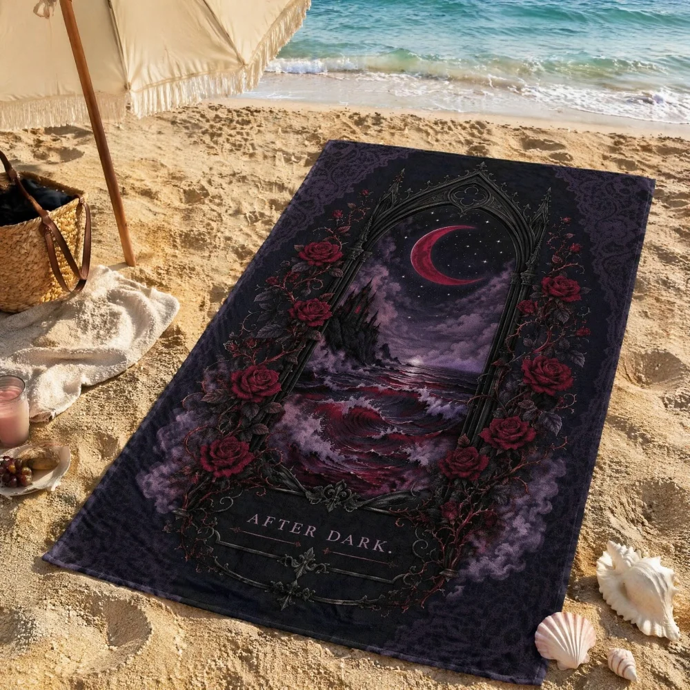 Gothic Vamp Romantic Beach Towel 80x130cm, Soft Washable Red Moon Rose Dark Castle Print Large Blanket for Goth Beach Travel