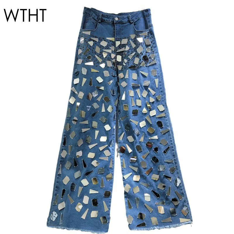 WTHT Trendy Women's Spliced Irregular Sequins Elastic Straight Jeans 2024 Winter High Waist Wide Leg Denim Pants Female 1LS599