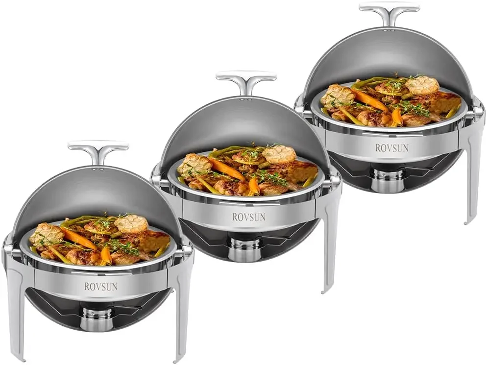 

ROVSUN 3-Pack Roll Top Chafing Dish Buffet Set,6 Quart Full Size Pan Chafer, NSF Stainless Steel Round Set with Food Pan,