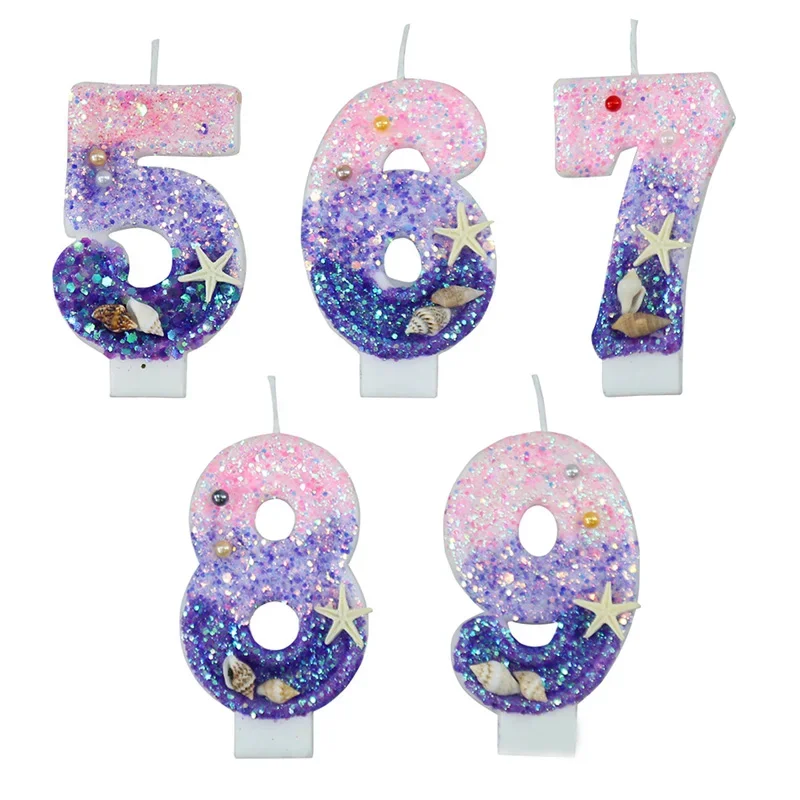 Girl Birthday Number Candle Cake Topper Purple Starfish Children Baby Party One Year Old Dessert Decor Mermaid Baking Supplie