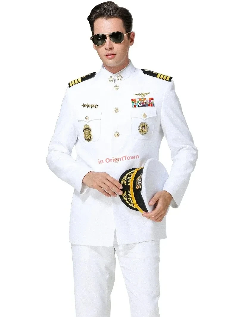 America White Sailor Uniform Set Men Wedding Annual Meeting Evening Hat Coat Pants and Accessories Navy Guard Security Work Wear