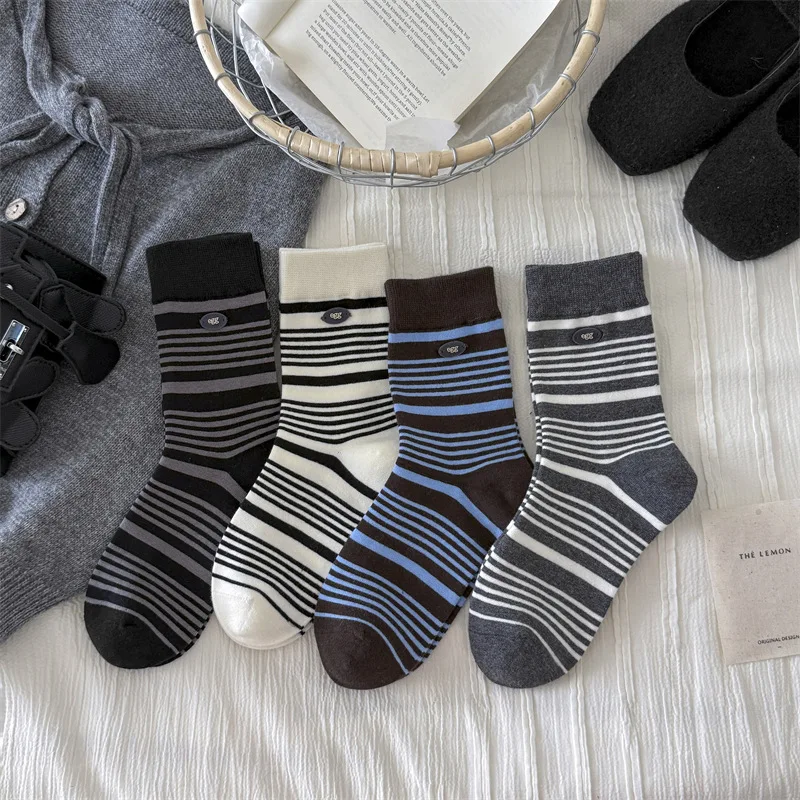

8 pairs of women's autumn winter new retro striped women's socks breathable simple comfortable casual mid tube socks