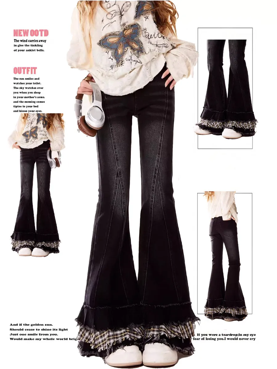 

Винтажные расклешенные джинсы в сетку, женские черные облегающие модные брюки с высокой талией Y2K, готические брюки длиной до пола