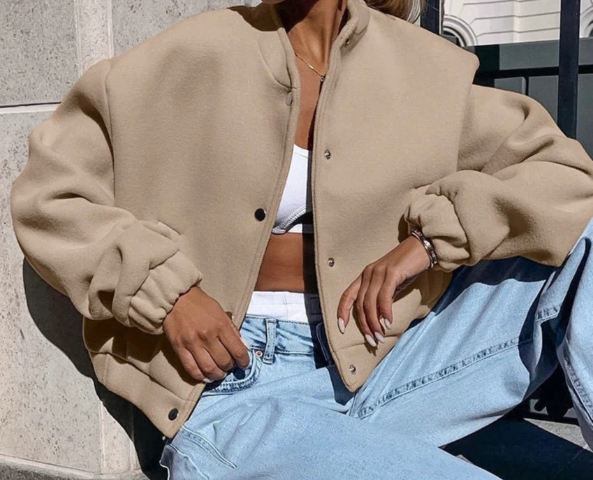 

Long Sleeved Short Stand Up Collar Warm and Fashionable Commuting Casual Jacket Women's Versatile Jacket