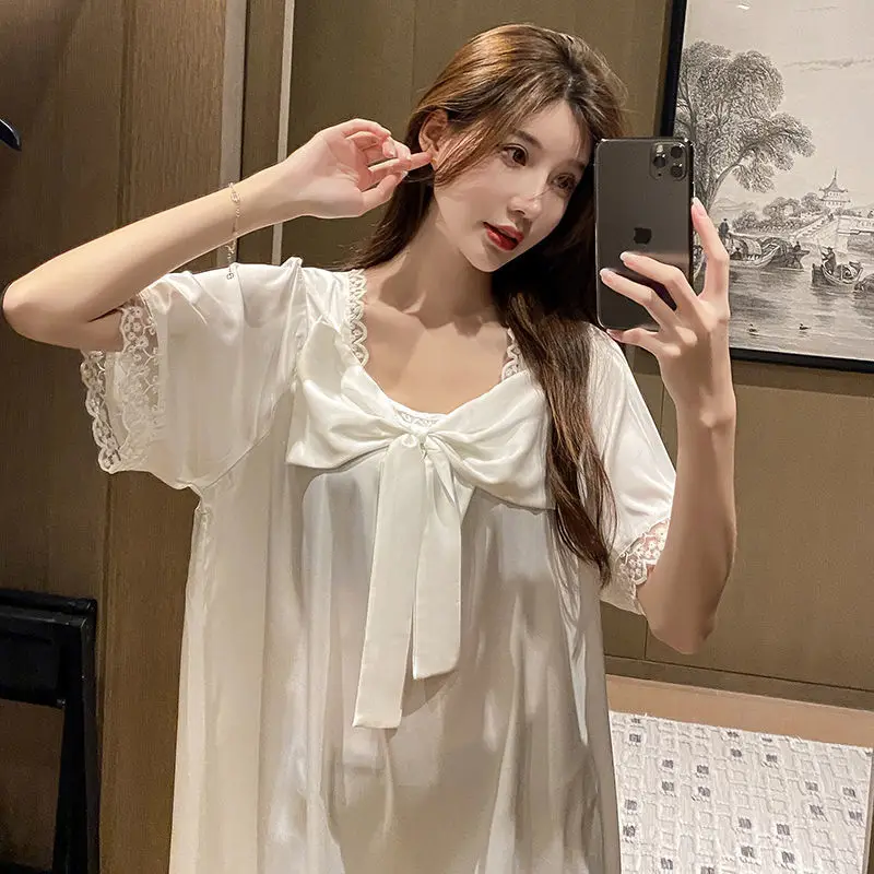 

Kawaii Women Satin Bow Nightgown Sexy Lace Trim Sleepwear Casual Nightwear Lolita Home Dressing Gown Bride Sleepshirt Lingerie