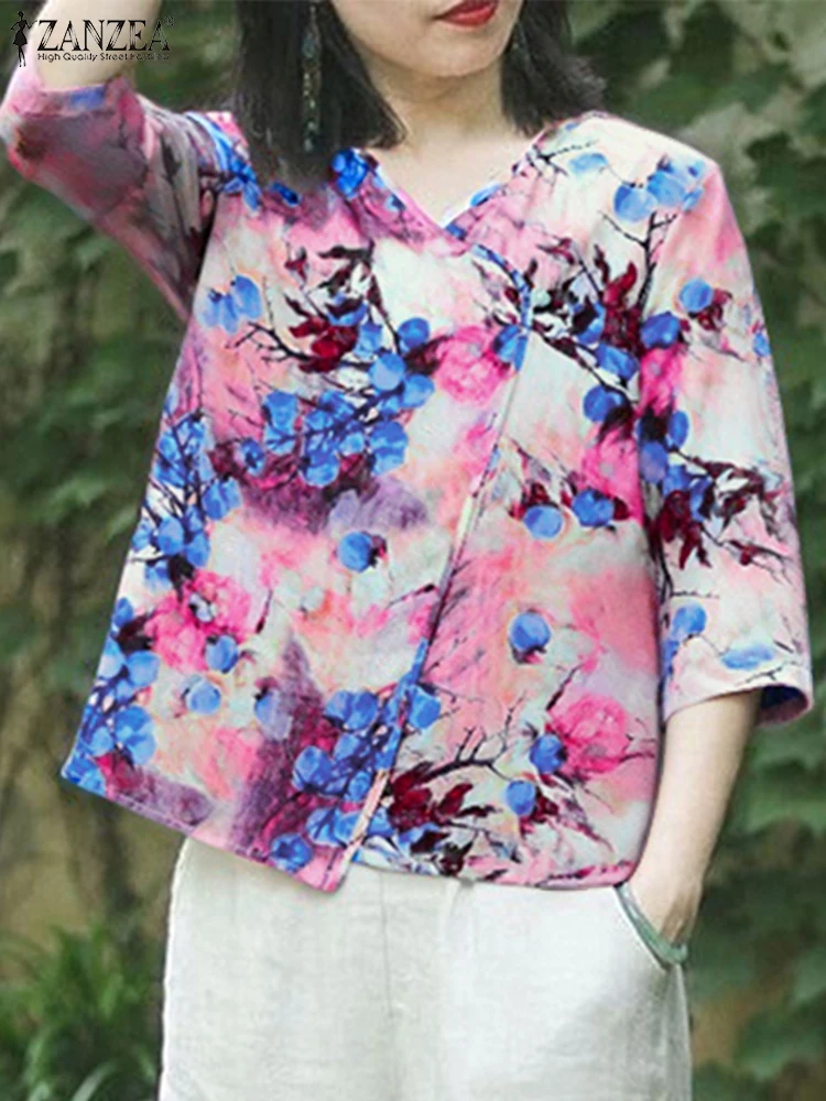 

Women Top ZANZEA 2025 Summer Bohemian Shirt Short Sleeve Vintage Floral Print Blouse Casual V-Neck Loose 3/4 Sleeve Tunic Blusas
