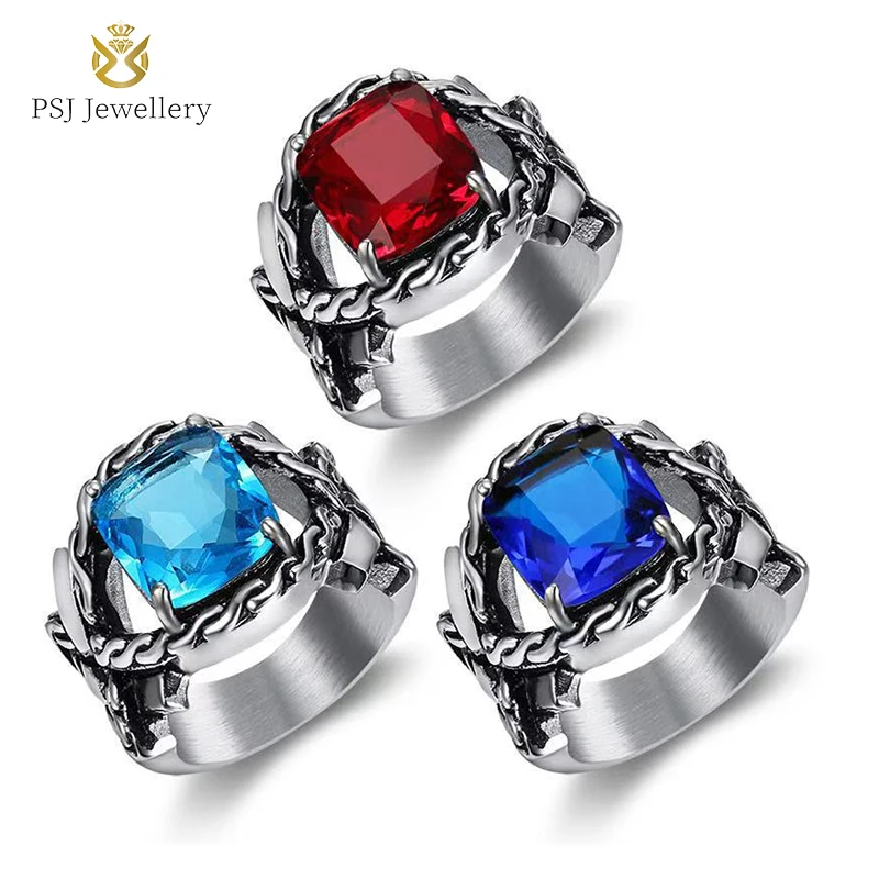 

PSJ Fashion Vintage Jewelry Viking Style Blue / Red Gemstone Titanium Stainless Steel Finger Rings for Men