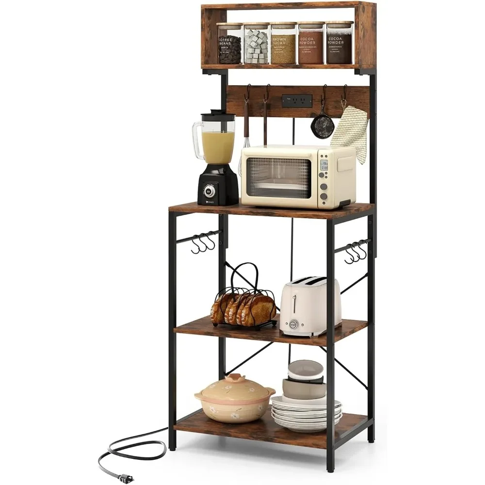 Baker’s Rack with Power Outlet, 5-Tier Microwave Stand with Open Shelves & 10 Hanging Hooks, 60” Tall Coffee Bar Station fo - view 2