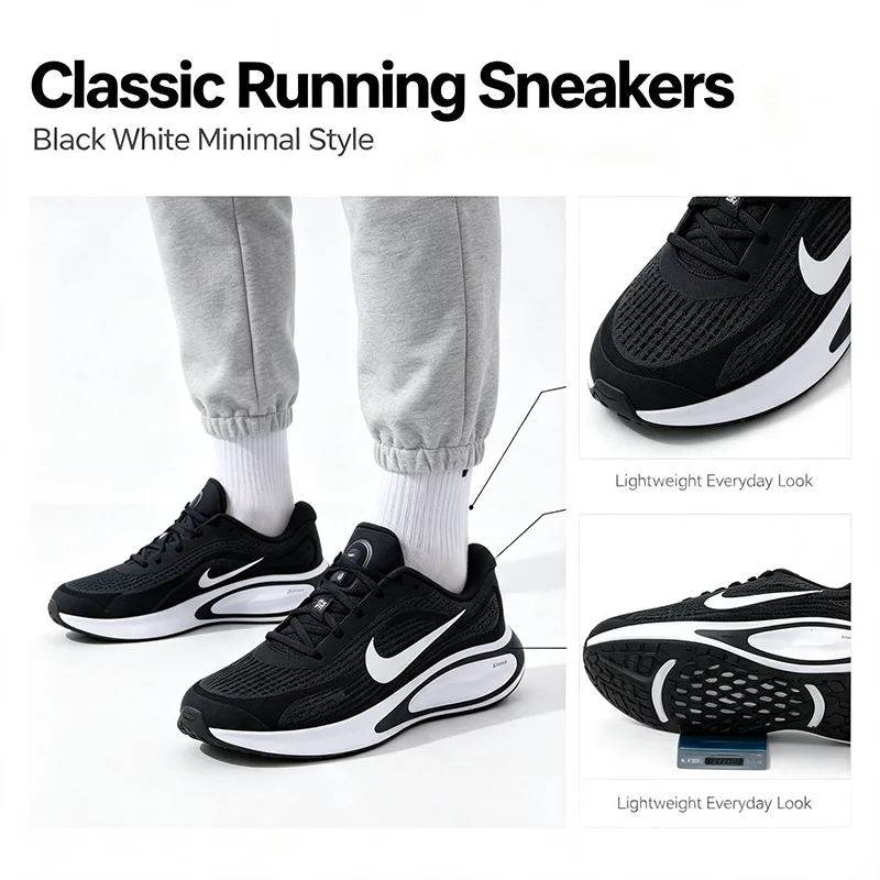 Nike Genuine Black White Running Sneakers for Men Cushioned Thick Sole Lightweight Street Sport Shoes FN0228-001