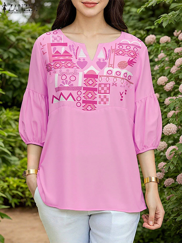 

ZANZEA женские повседневные блузки с геометрическим принтом, осень 2022, топы с рукавами-фонариками 3/4 и v-образным вырезом в этническом стиле, повседневная одежда, 3 цвета