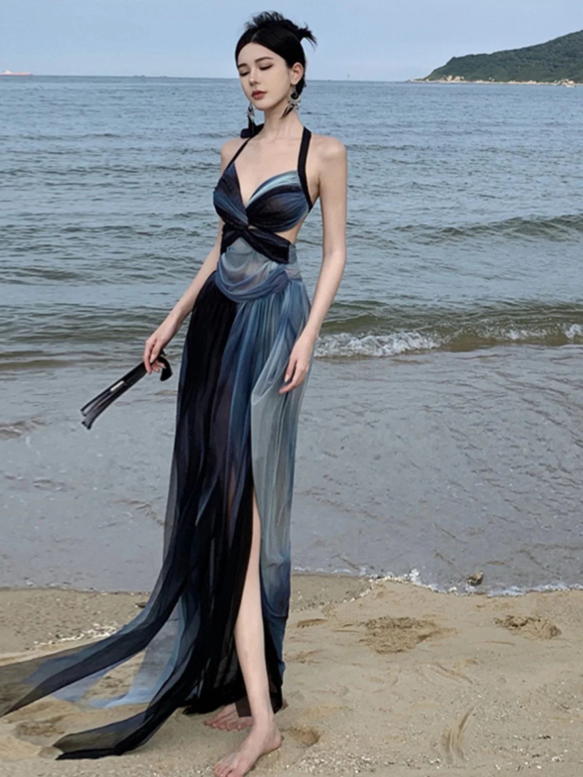 Women's Draped Halter Neck Dress, Backless, Elegant Simple Back with Strap, Party, Female High Street Dresses, Sexy Fashion WH18