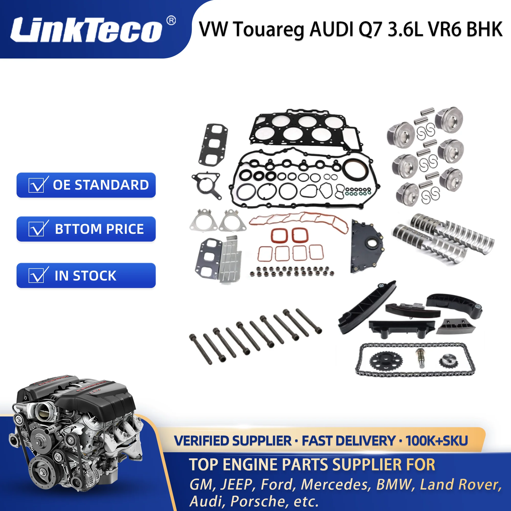 Linkteco Full ket Set 6x Pistons Rings Head Bolts Engine Bearing Timing Chain Kit for  Touareg 06-10  Q7 3.6L VR6 BHK