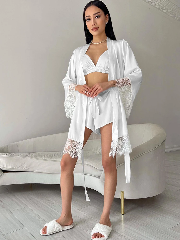 Hiloc Elegant White Satin Belt Robe Pajamas 3 Pieces Sets Summer Solid Sexy Bra Sleepwear 2024 Lace-Up Shorts Suits Night Wears