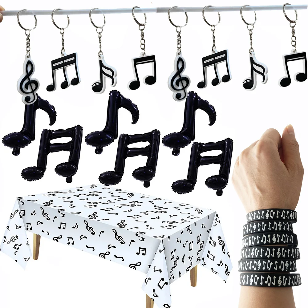 Decorazioni per feste a tema musicale nota musicale palloncino nota tovaglia bracciali in Silicone portachiavi nero bianco musica forniture di