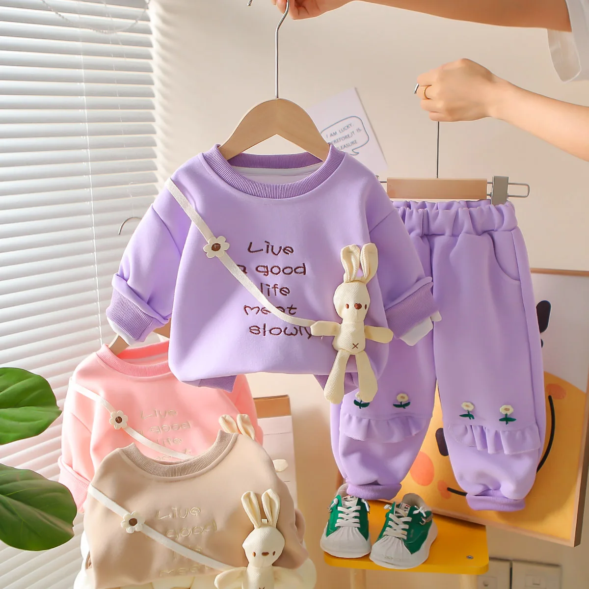 

‌2025 Autumn Girls Long Sleeve Set Rabbit Print 2-Piece Outfit Korean Style Cute Toddler Tops Pants Clothes Cute Casual