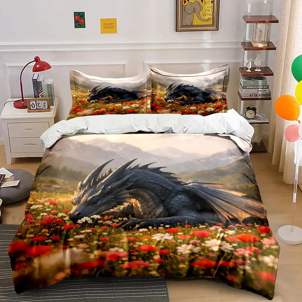 Black dragon resting in flowers Pattern Duvet Cover Set Digital Print Colorful Polyester Bedding with Zipper Closur for gifts