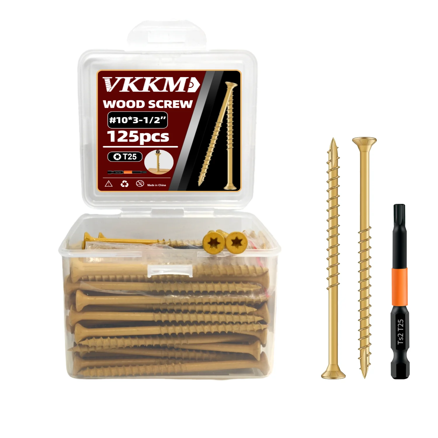 

VKKM 125Pcs #10×3-1/2" Yellow Wood Screws, T25 Torx Drive, Flat Head, Rust - Resistant, for US Decking,Timber & Outdoor Projects