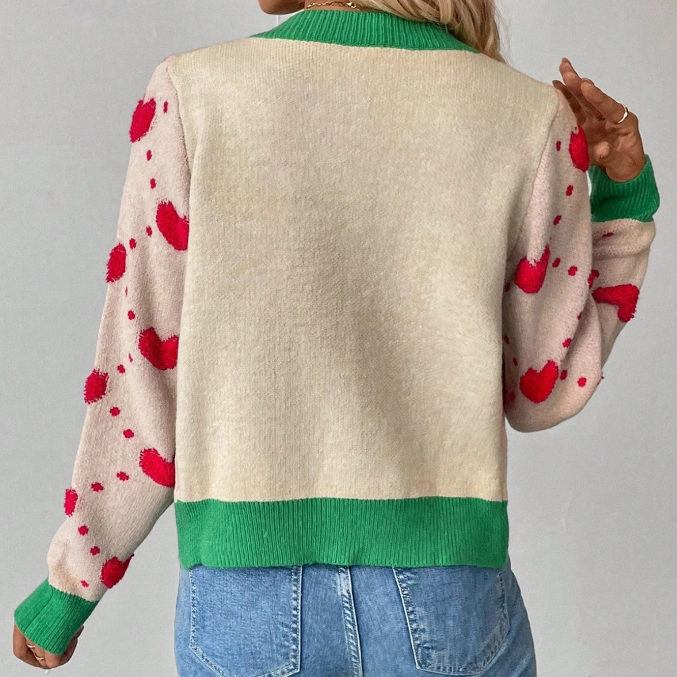 مجموعة المرأة المرقعة متماسكة سترة طويلة الأكمام زر إغلاق القلب الخريف سترة عادية سترة