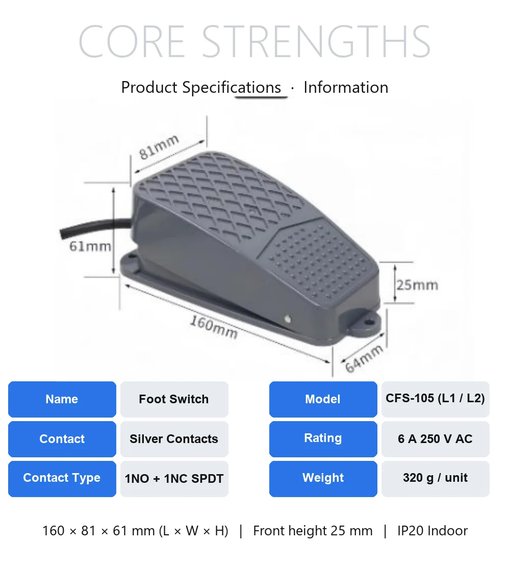 CNTD CFS-105 Industrial Foot Switch 6A 250V AC 1NO 1NC Alternate Action Self-Locking ABS Plastic Shell 1m 2m Cable IP20 CE CCC