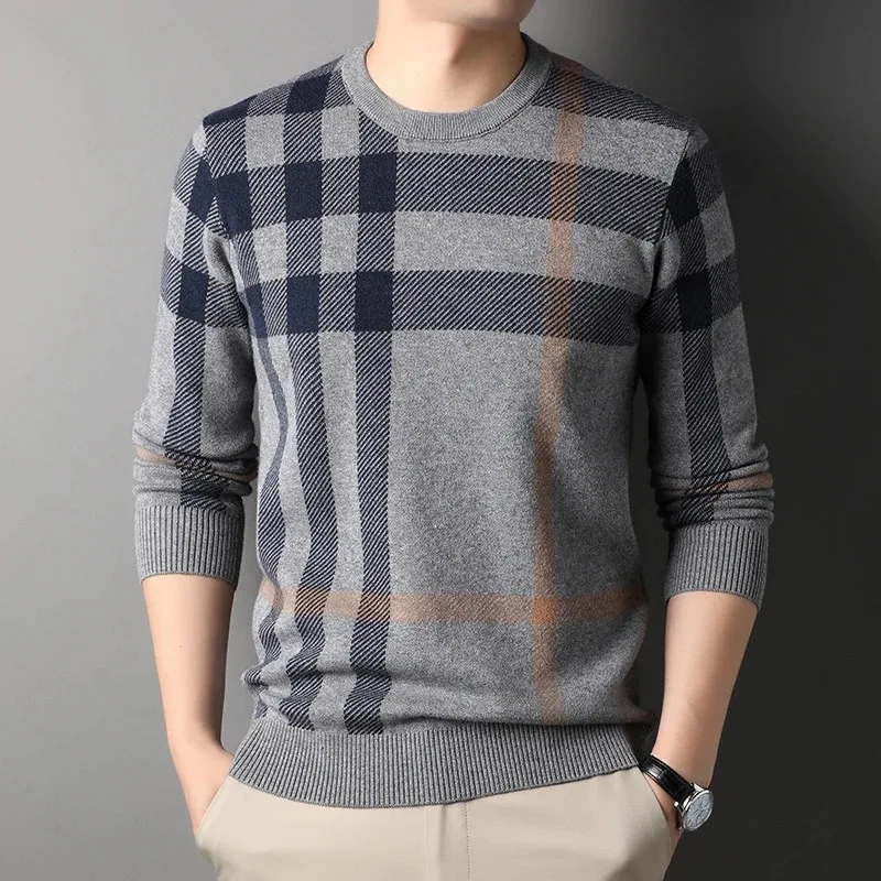 High end luxury pullover men autumn winter designer brand round neck striped wool sweater European fashion casual warm knitwear