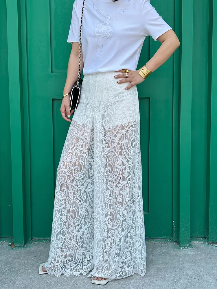 

LEDIM WANG White Label Series Полые кружевные повседневные брюки Женские широкие брюки Осенняя новинка из смеси хлопка Удобная посадка