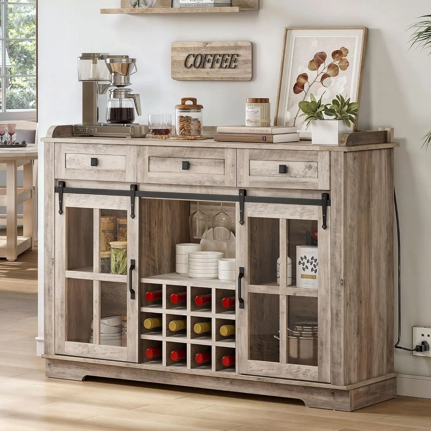 

Farmhouse Coffee Bar Cabinet with Sliding Door and Drawers, 53" Kitchen Sideboard Buffet Cabinet,with Wine Rack, 3 Drawers